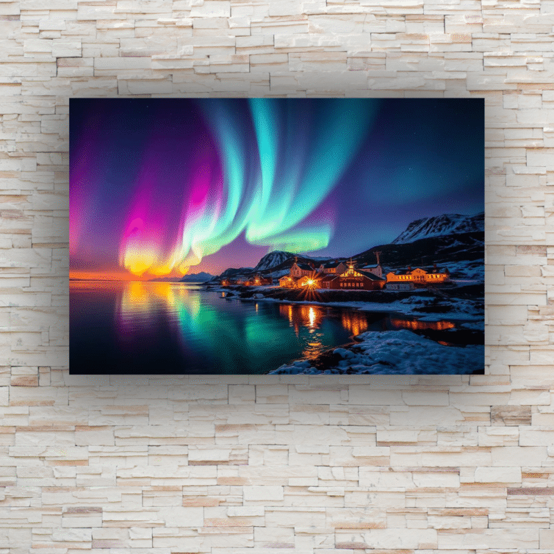 Rainbow Aurora Harbor | Arctic Village Acrylic Wall Art - Image 2
