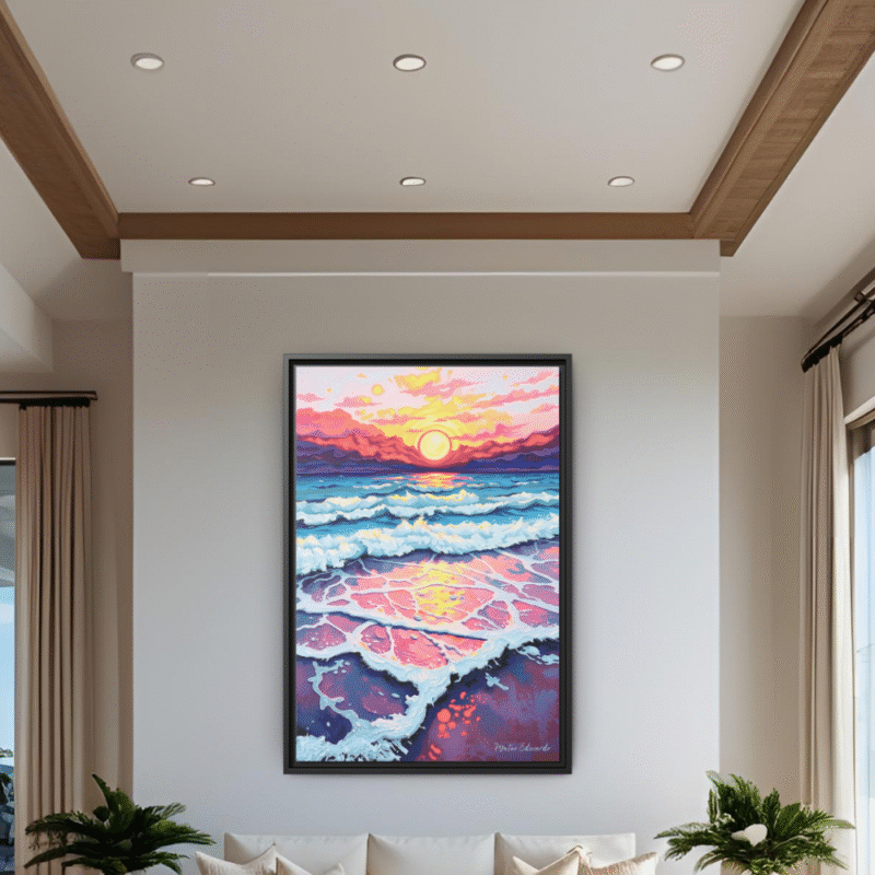 Sunset Reflections Over a Painted Sea - Contemporary Framed Canvas Wall Art - Image 4