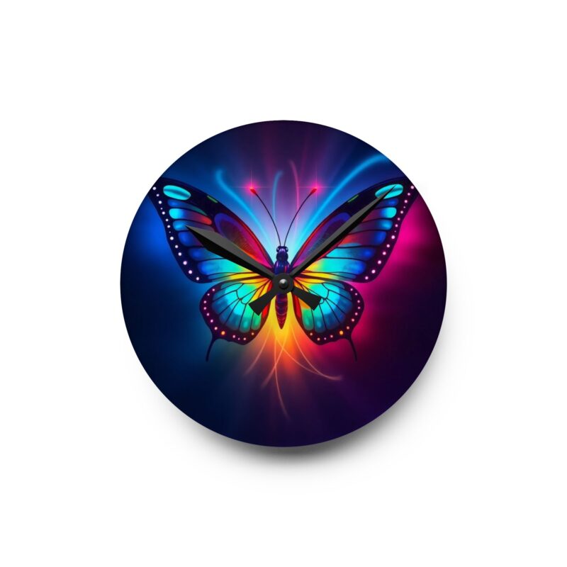 Metamorphosis Neon Butterfly Acrylic Wall Clock - Image 2