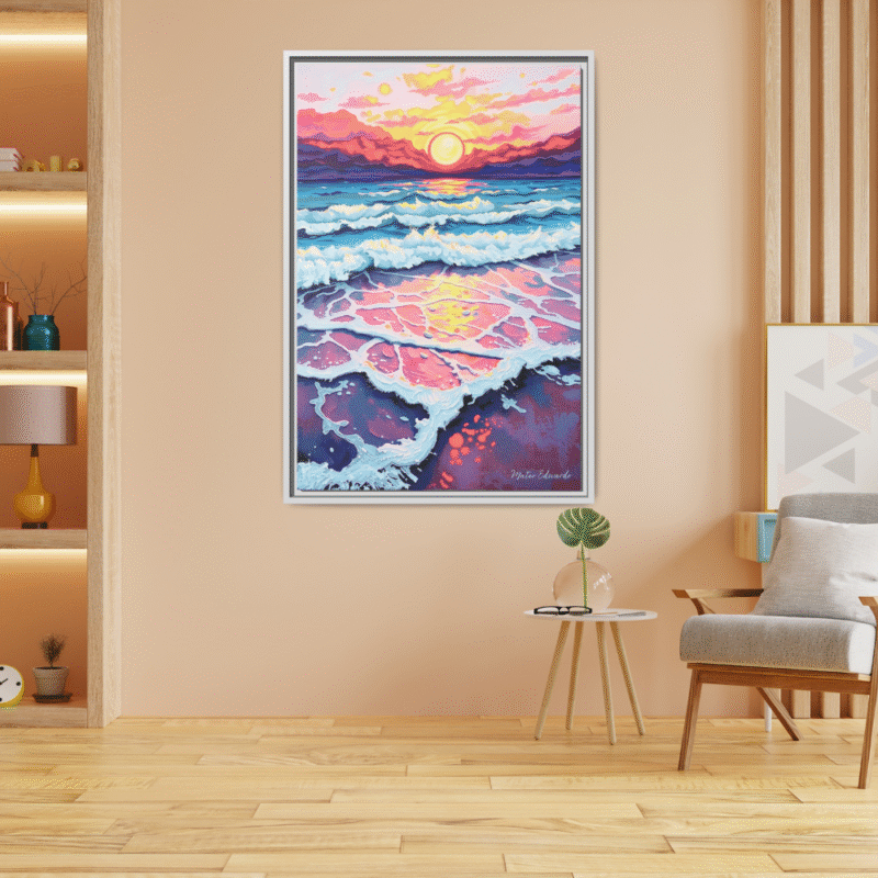 Sunset Reflections Over a Painted Sea - Contemporary Framed Canvas Wall Art - Image 5