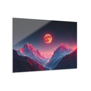Crimson Moon Rising | Mountain Landscape Acrylic Wall Art