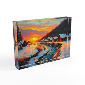 Alpine Village Sunset | Snow Cabin Acrylic Photo Block
