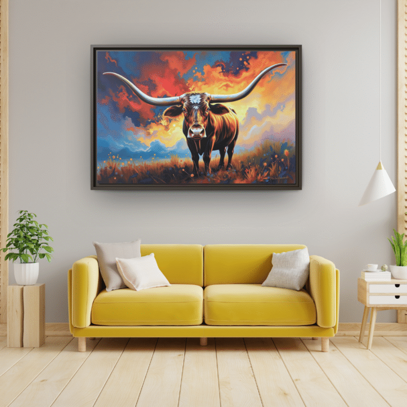 Sunset Longhorn | Western Wildlife Framed Canvas Wall Art - Image 6