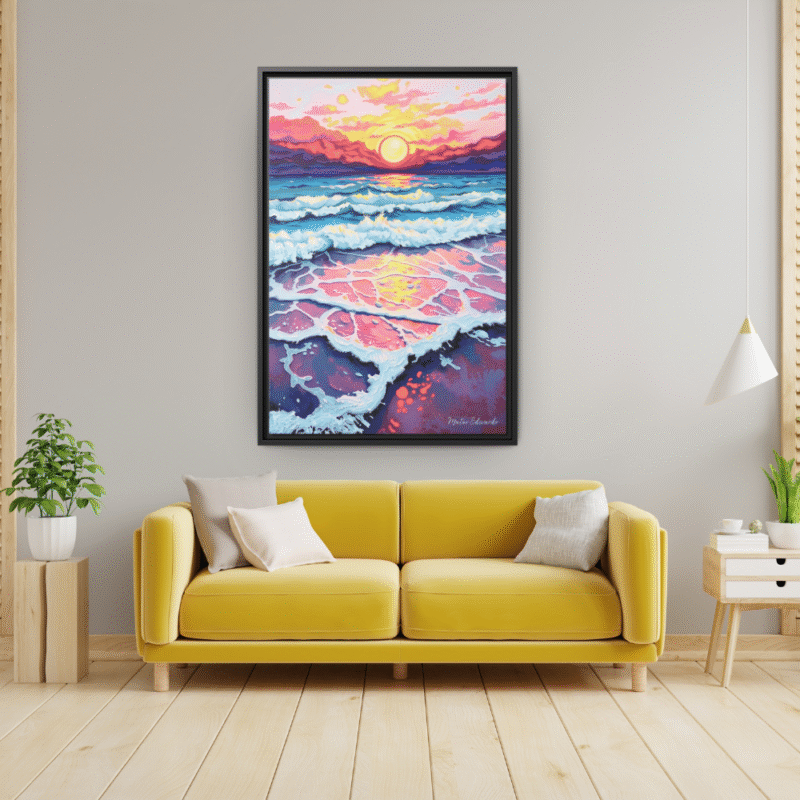 Sunset Reflections Over a Painted Sea - Contemporary Framed Canvas Wall Art - Image 7