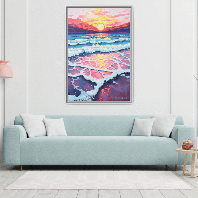 Sunset Reflections Over a Painted Sea - Contemporary Framed Canvas Wall Art - Image 3