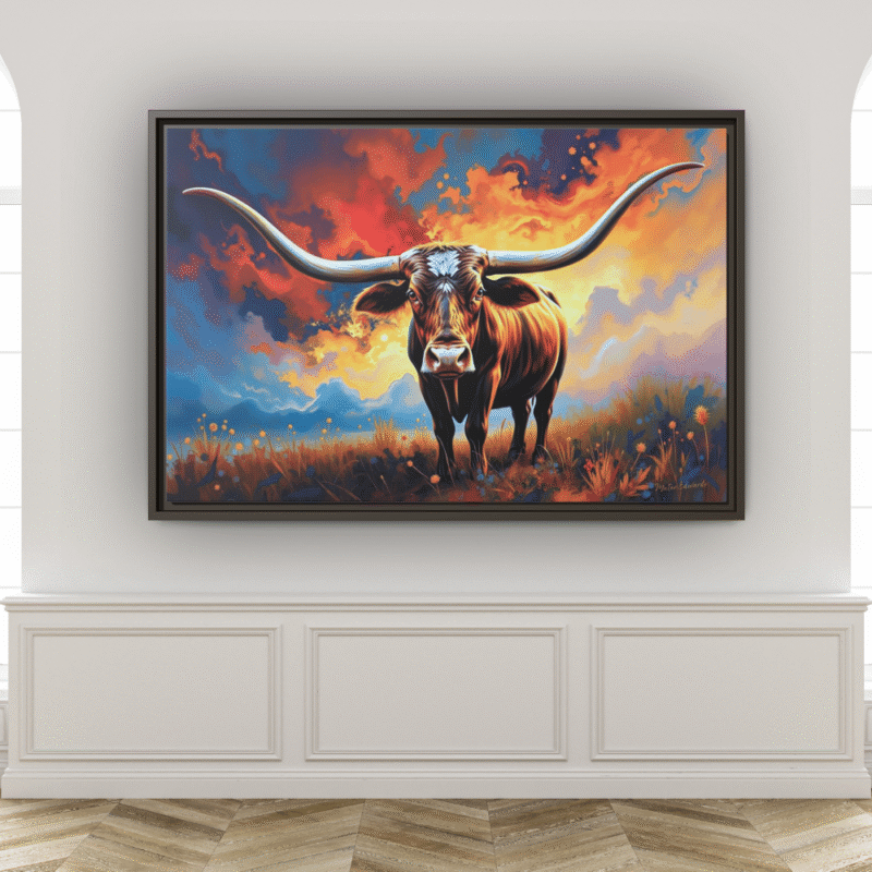 Sunset Longhorn | Western Wildlife Framed Canvas Wall Art - Image 5