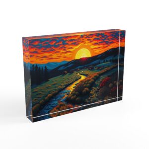 Fiery Mountain Stream Sunset | Art Photo Block