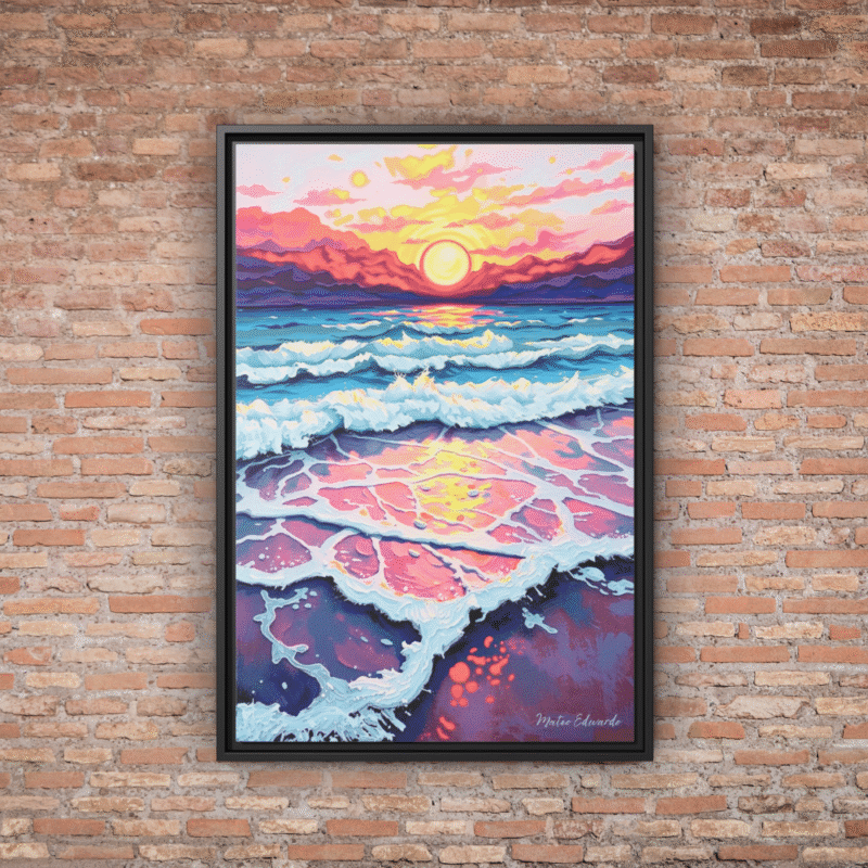 Sunset Reflections Over a Painted Sea - Contemporary Framed Canvas Wall Art - Image 2