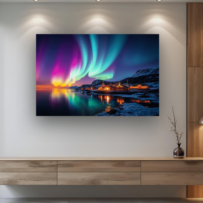 Rainbow Aurora Harbor | Arctic Village Acrylic Wall Art - Image 4